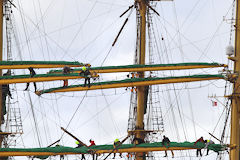 Marins du voilier Alexander Von Humbolt 2 sur les vergues à Bordeaux | Photo Bernard Tocheport